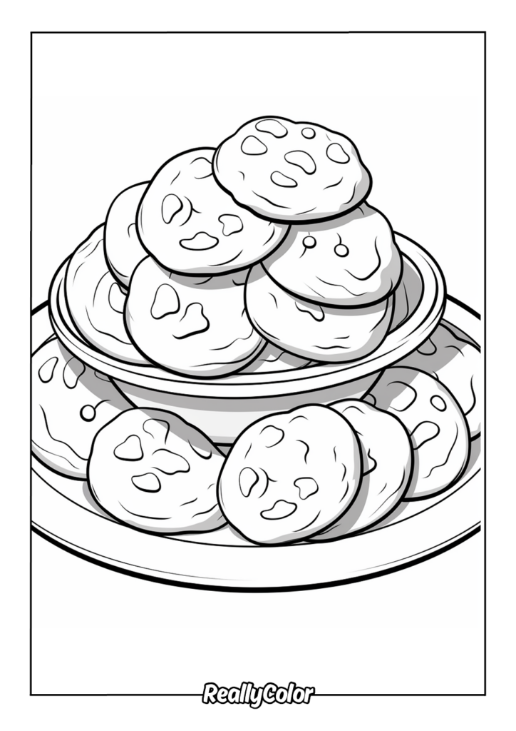 Black-and-white drawing of cookies stacked on plates