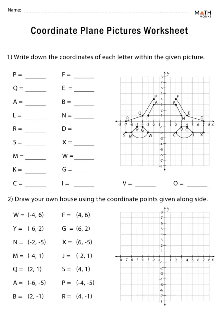Coordinate plane worksheet with graphs and letter coordinates