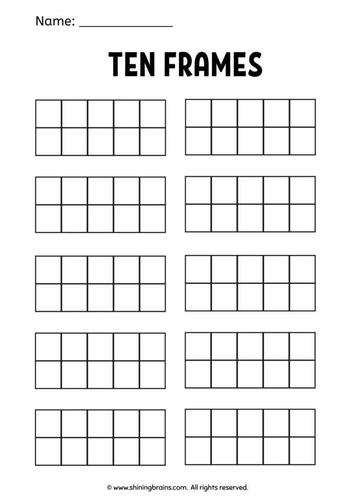 Ten-frame worksheet with ten blank grids on white background