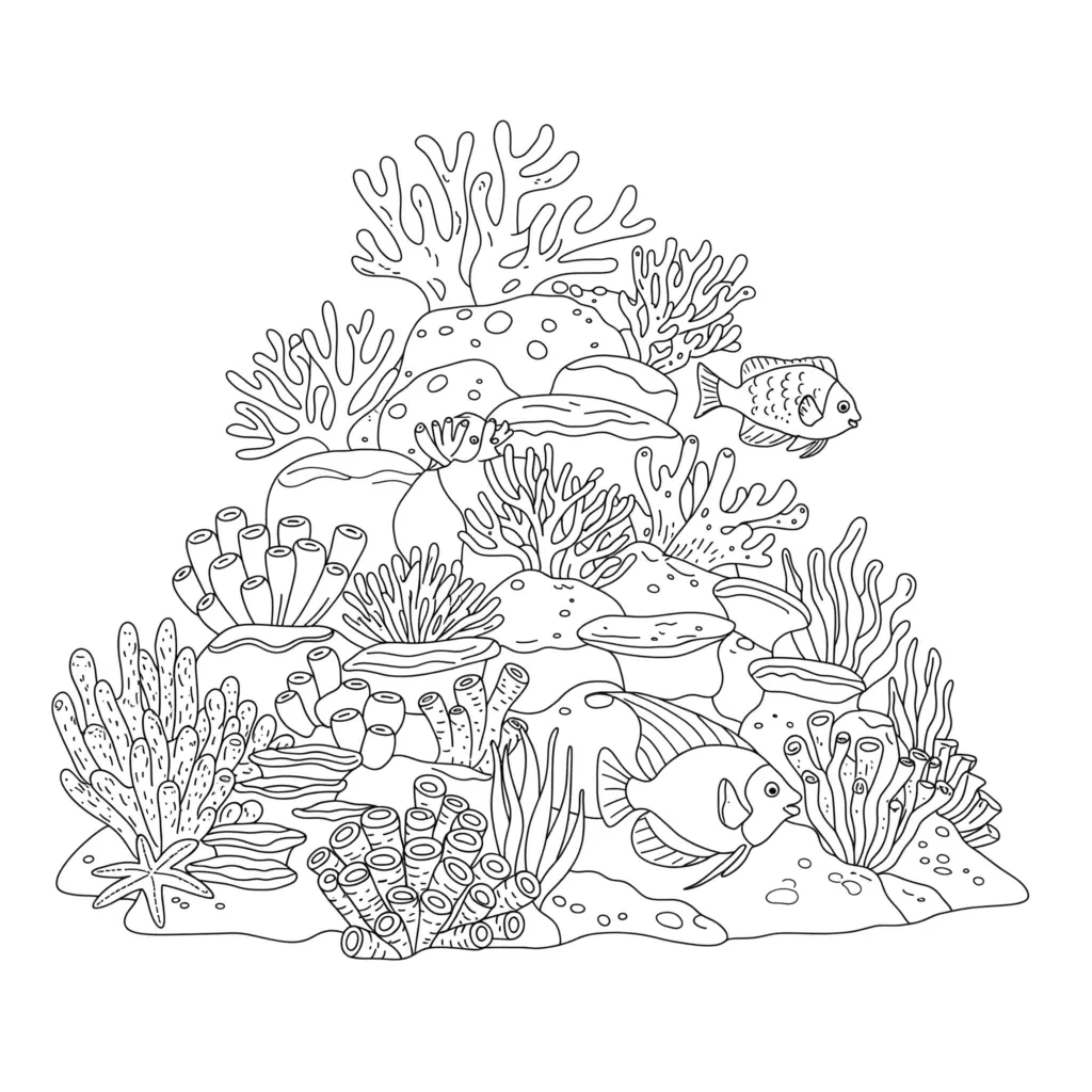 Black-and-white coral reef coloring page with fish and starfish
