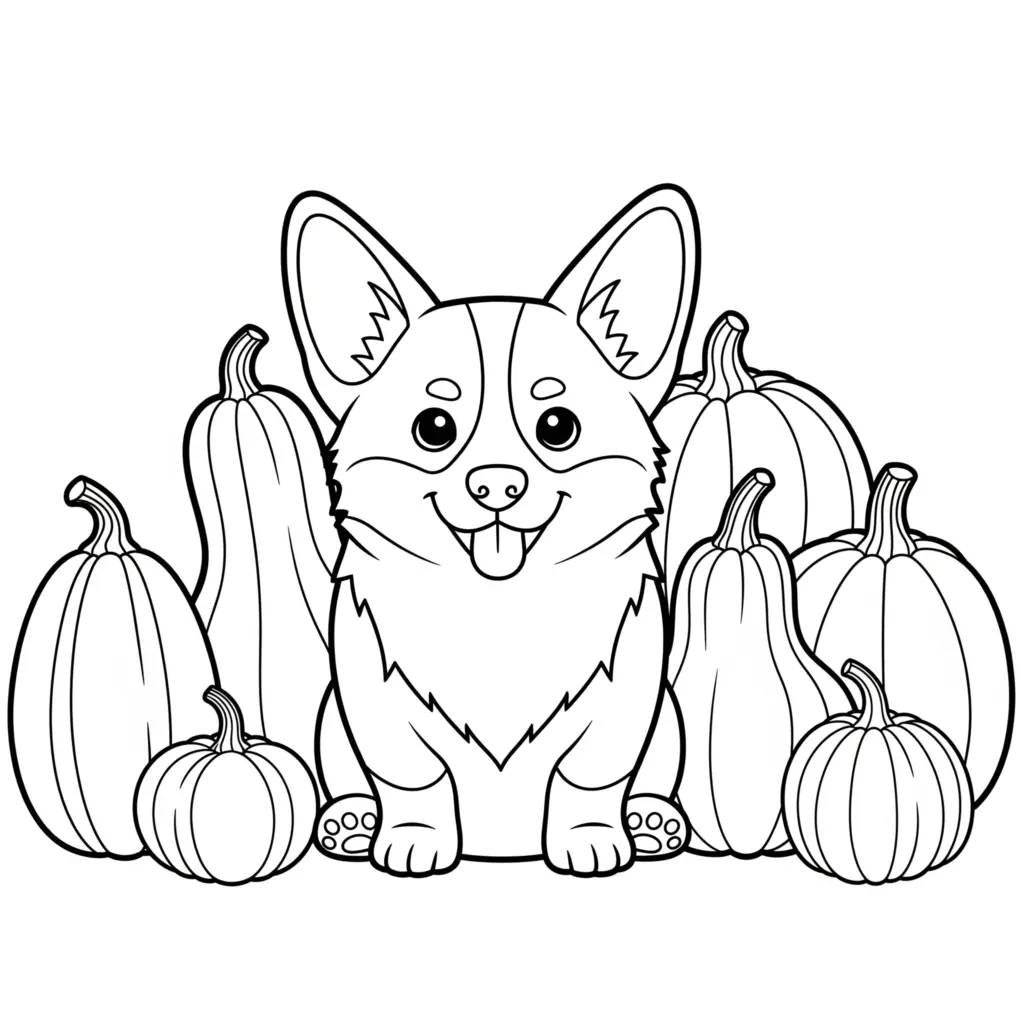 Cute corgi surrounded by pumpkins, black-and-white line art