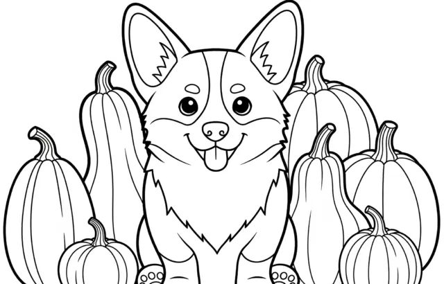 Cute corgi surrounded by pumpkins, black-and-white line art
