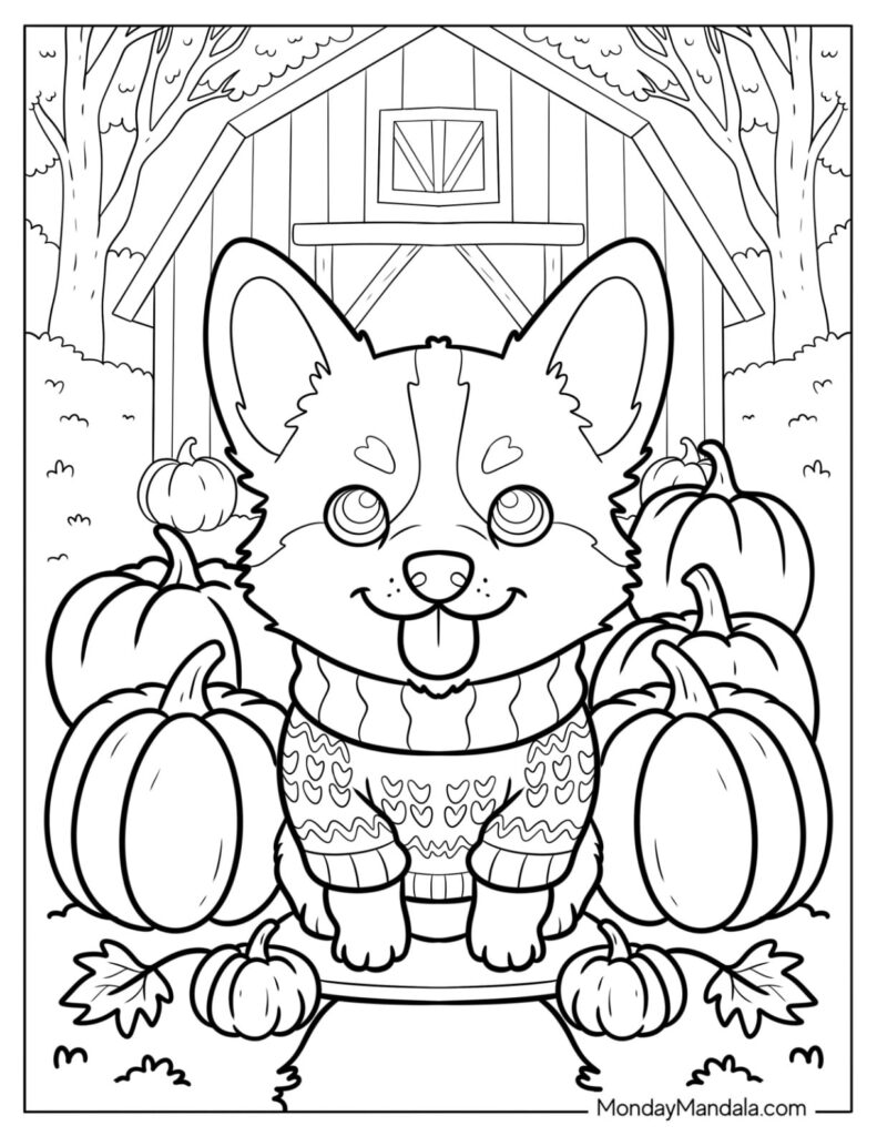 Cartoon corgi among pumpkins in front of barn