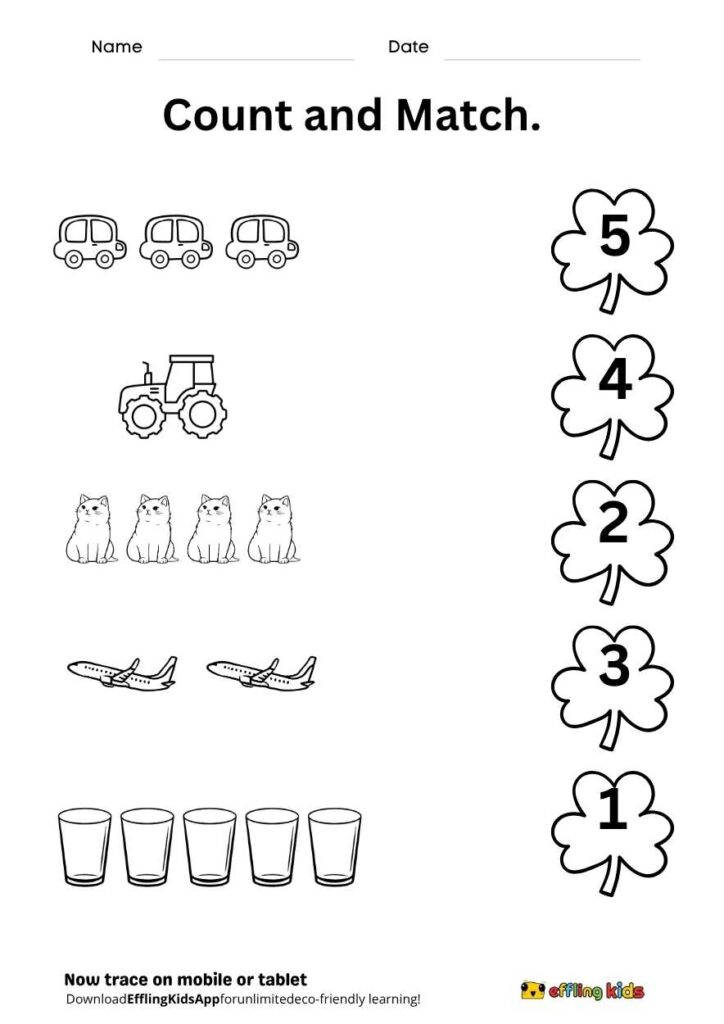 Number matching worksheet with vehicles, cats, airplanes, cups
