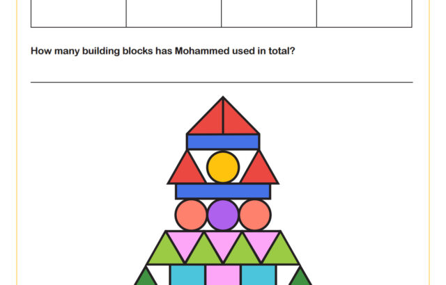 Shapes counting worksheet with colorful block tower illustration