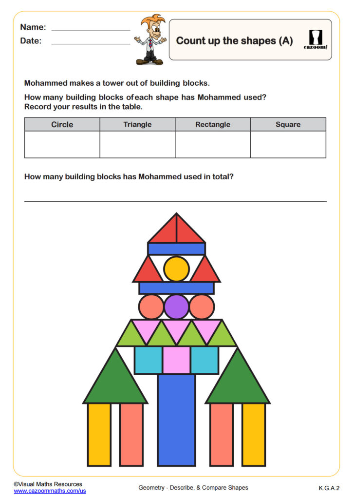 Shapes counting worksheet with colorful block tower illustration