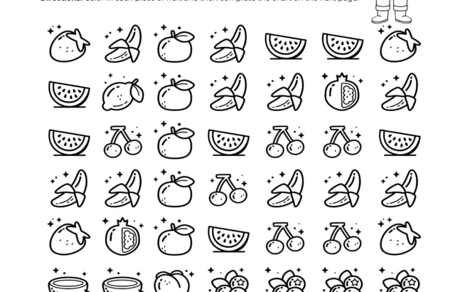 Counting fruit worksheet with assorted fruit icons, title text, and cartoon farmer