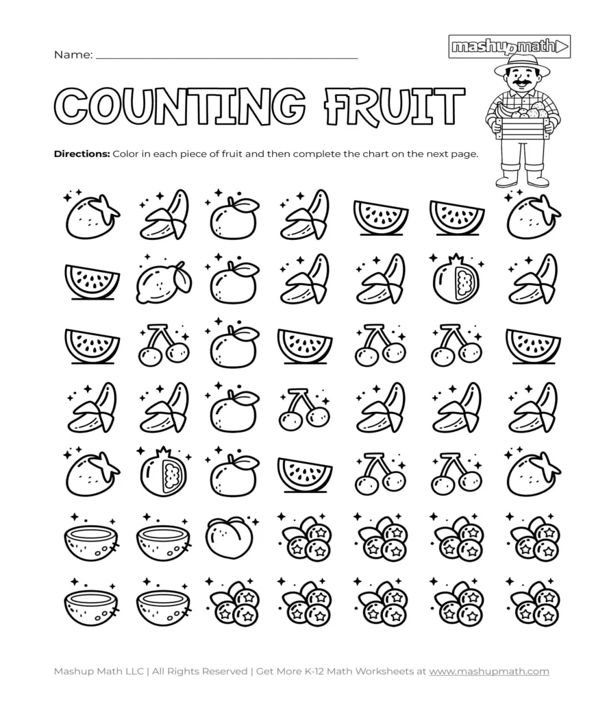 Fruit counting worksheet with assorted fruit icons and farmer illustration