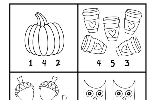 Counting worksheet with pumpkin, cups, acorns, and owls
