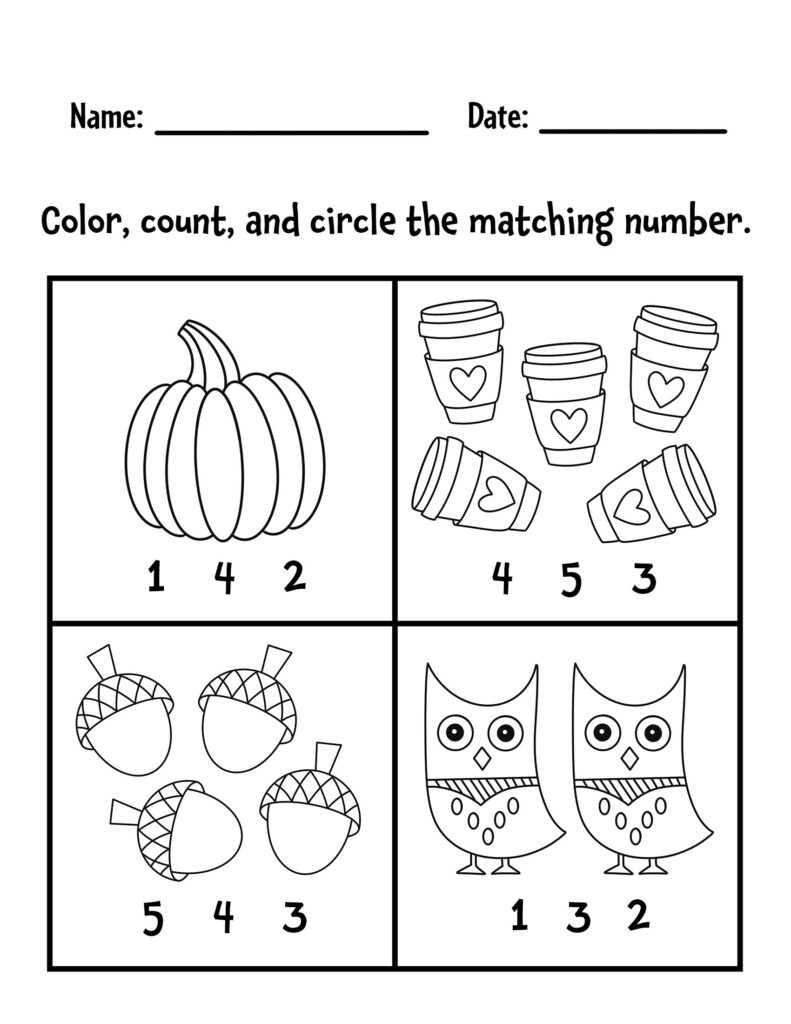Counting worksheet with pumpkin, cups, acorns, and owls