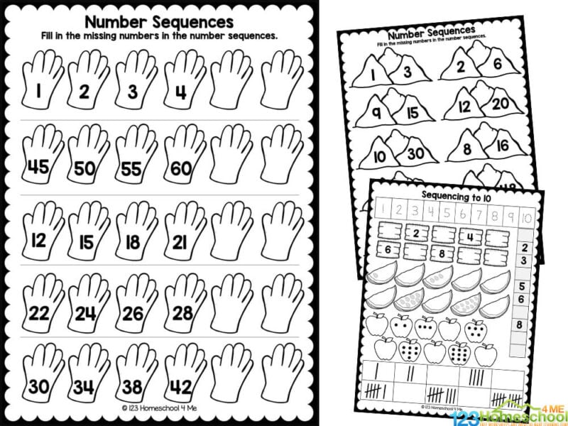 Two number sequence worksheets with hand and mountain drawings