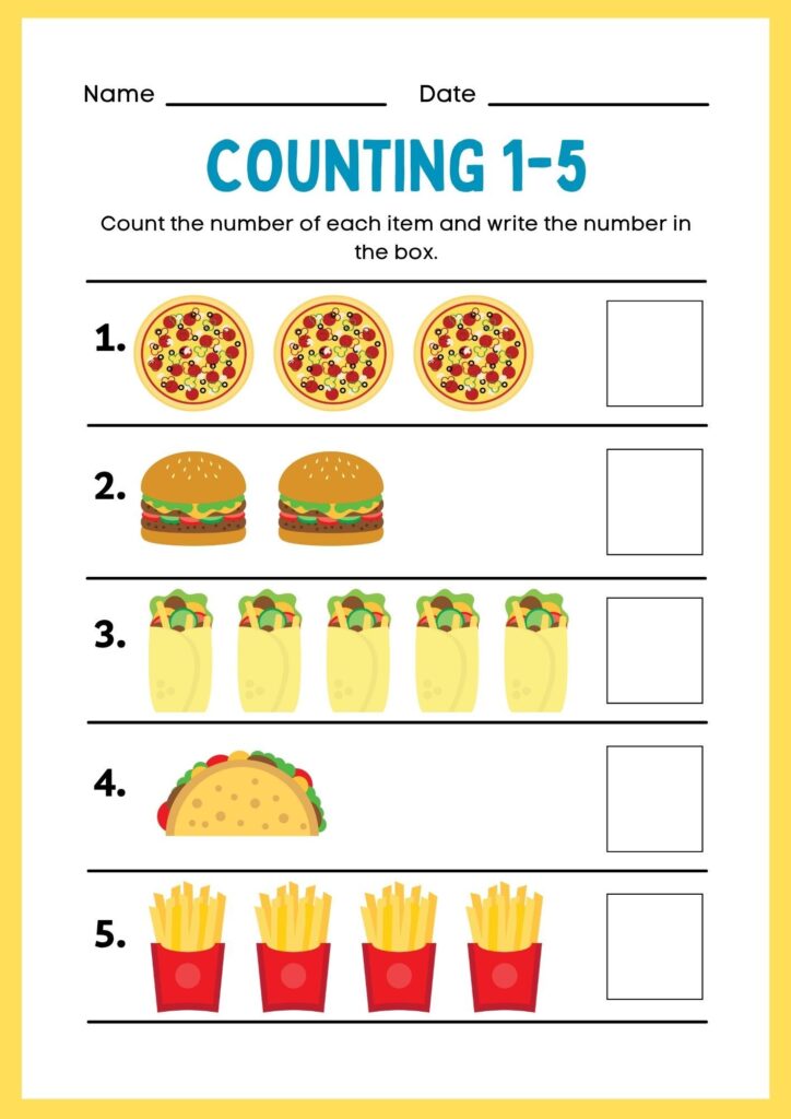 Counting worksheet with pizzas, burgers, tacos, taco, fries
