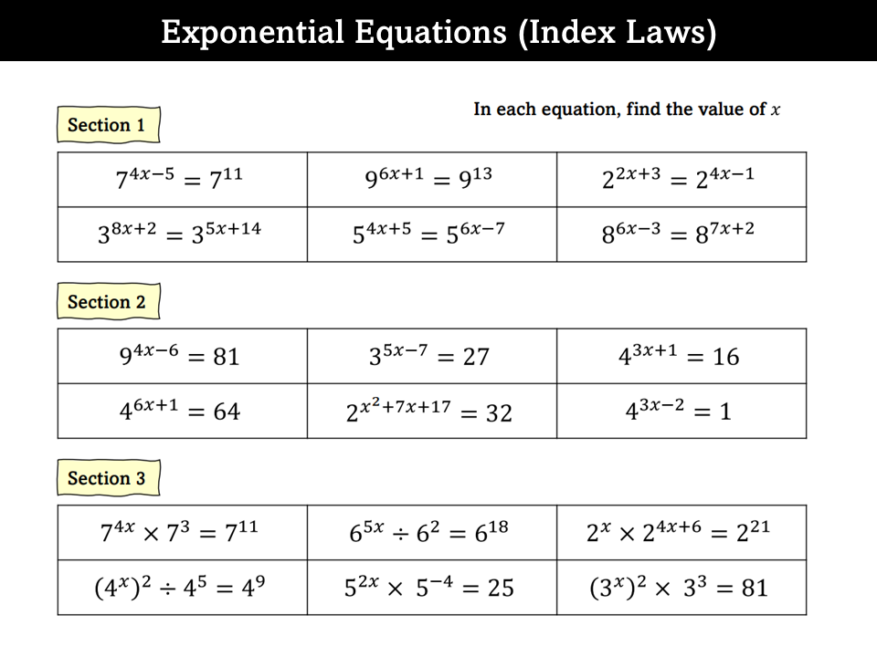 Exponential equations worksheet with three sections and problems