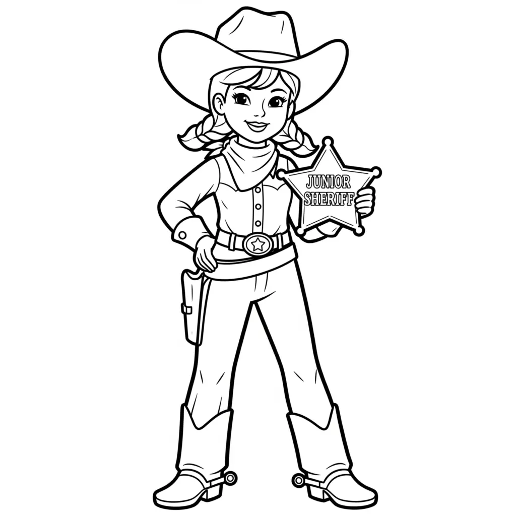 Black-and-white cowgirl sheriff holding a star badge sign