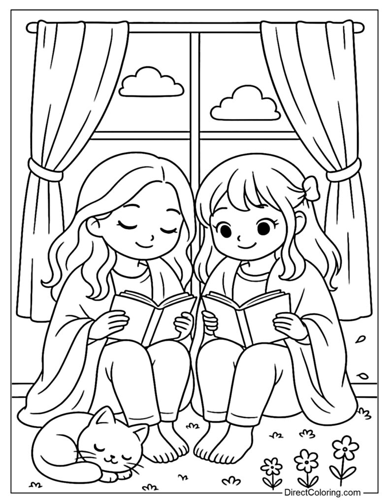 Two girls reading books beside sleeping cat indoors