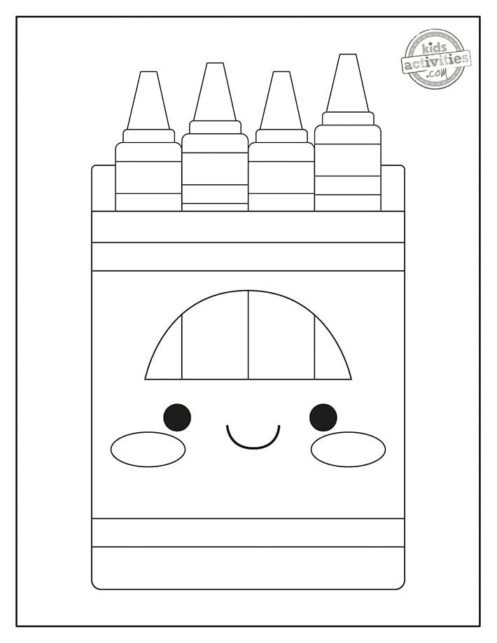 Kawaii crayon box coloring page with smiling face