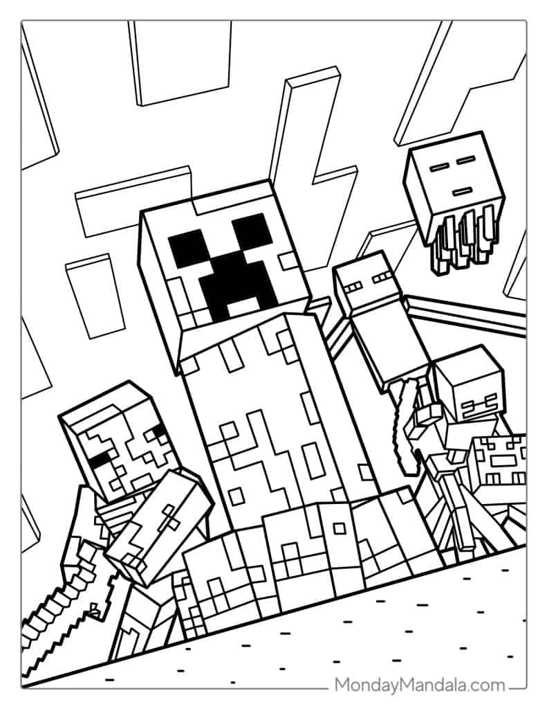 Minecraft creeper and zombies coloring page illustration