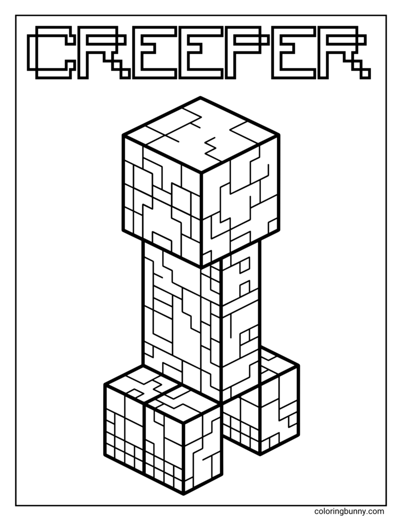 Creeper coloring page with blocky figure and title