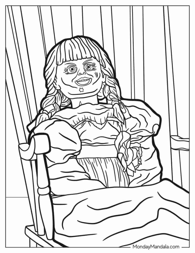 Line drawing of a creepy doll seated in a chair