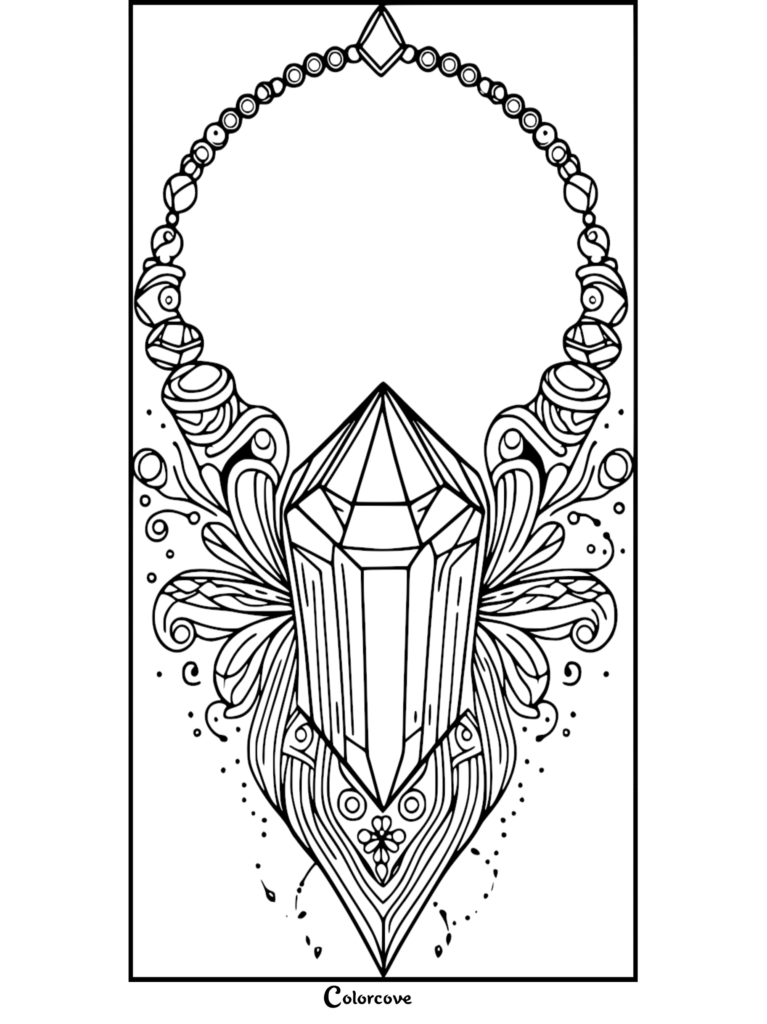Black-and-white necklace coloring page with central crystal pendant