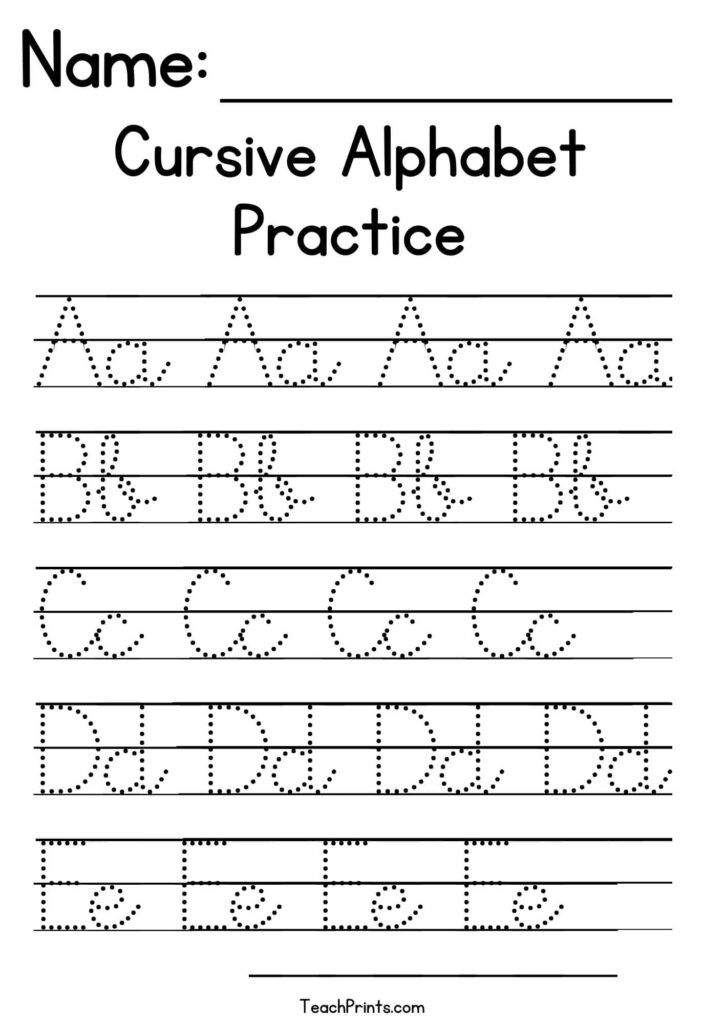 Cursive alphabet practice worksheet with dotted letters A-E