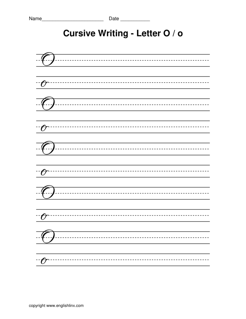 Cursive writing worksheet for letter O with practice lines