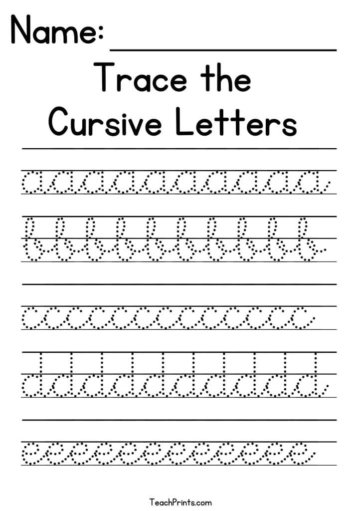 Cursive letter tracing worksheet with dotted practice lines