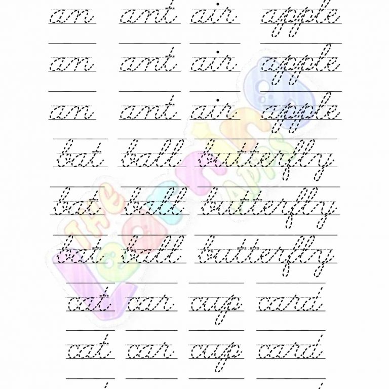 Cursive handwriting practice worksheet with dotted words and lines