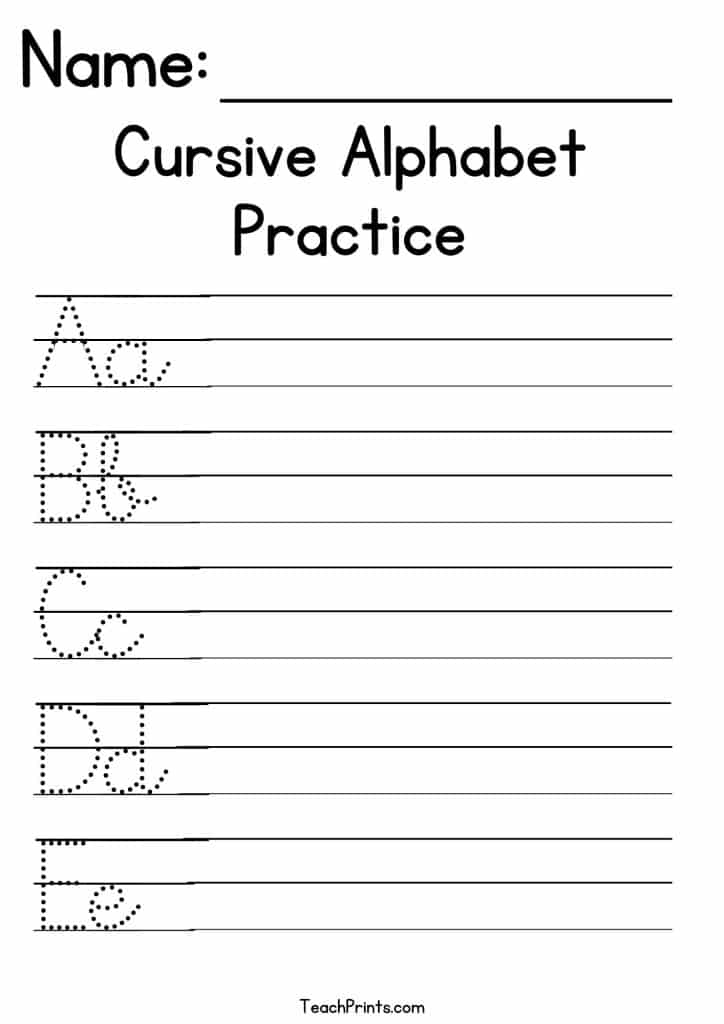 Cursive alphabet practice worksheet with dotted letters A-E