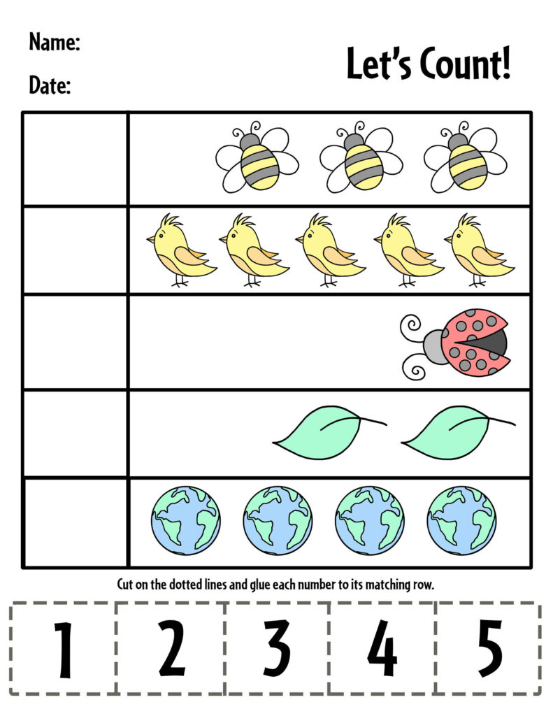 Counting worksheet with bees, birds, ladybug, leaves, and globes