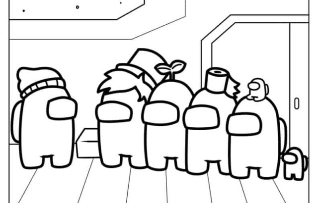 Black-and-white cartoon of six crewmates indoors