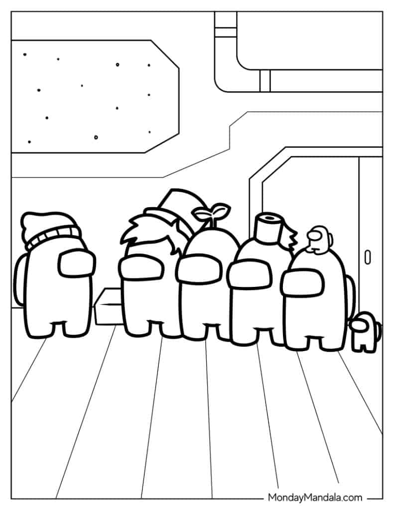 Black-and-white cartoon of six crewmates indoors
