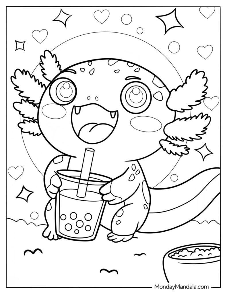 Cute cartoon creature holding a drink with wings and hearts