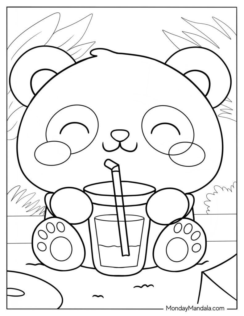 Cute panda holding a drink with straw