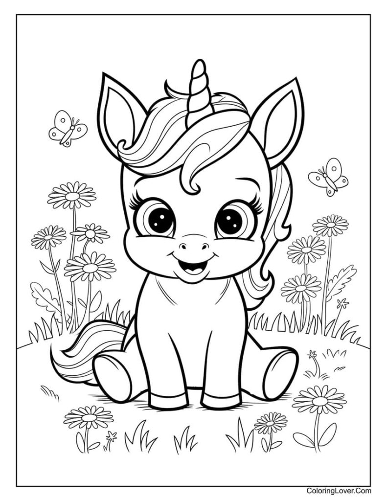 Cartoon unicorn sitting among flowers and butterflies