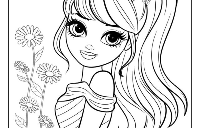 Coloring page of smiling girl with flowers and ponytail