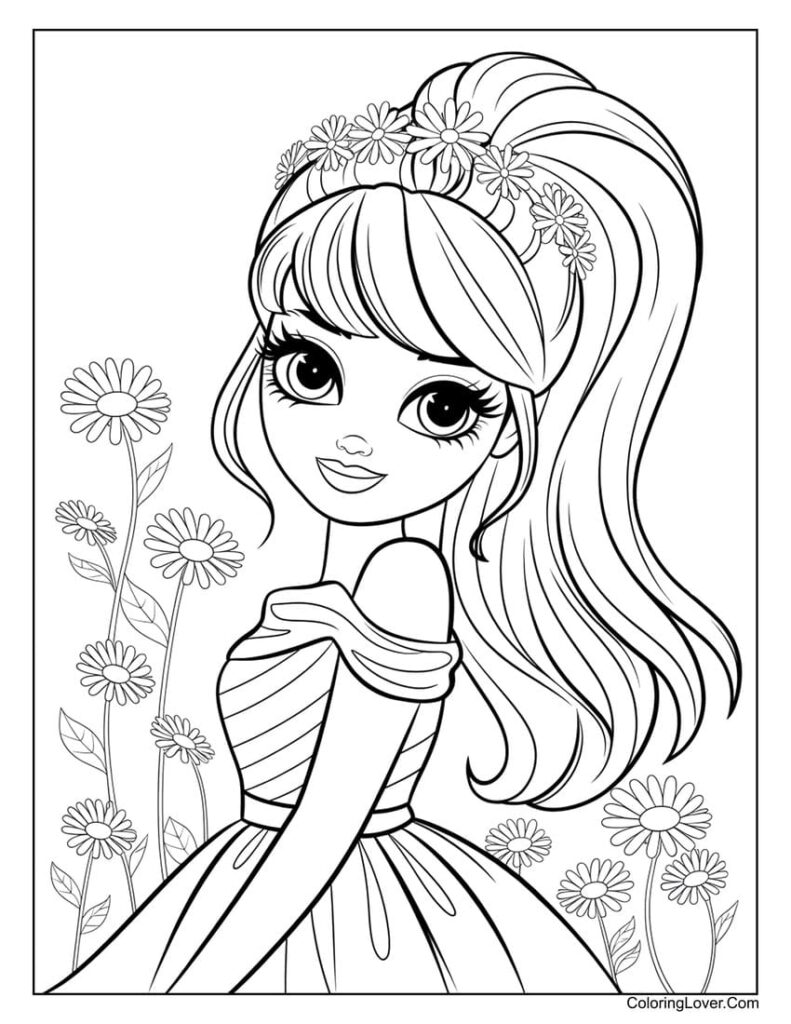 Coloring page of smiling girl with flowers and ponytail