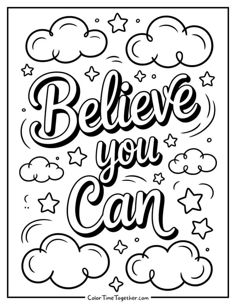 Black-and-white motivational quote with clouds and stars