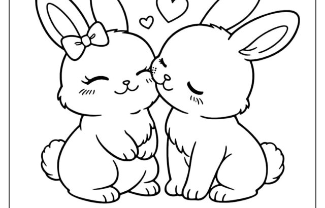 Two cute rabbits kissing with hearts and Valentine text