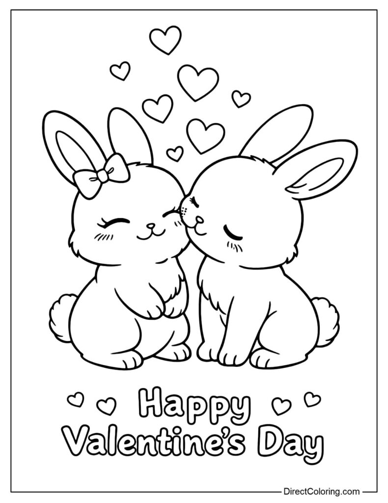 Two cute rabbits kissing with hearts and Valentine text