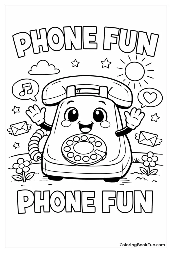Cute cartoon rotary phone with PHONE FUN text