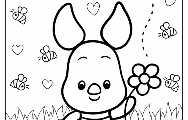 Cartoon piglet holding a flower, surrounded by bees and hearts