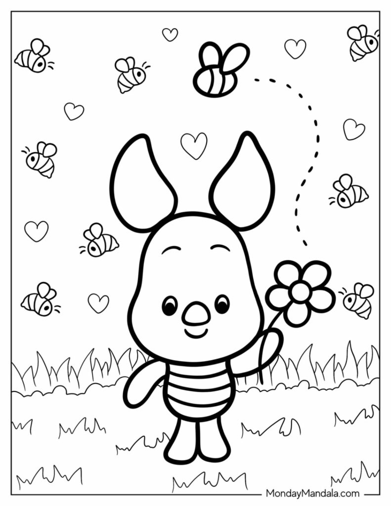 Cartoon piglet holding a flower, surrounded by bees and hearts