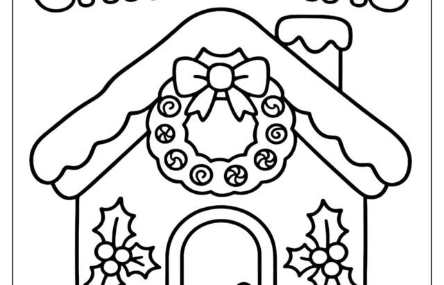Merry Christmas gingerbread house coloring page with wreath