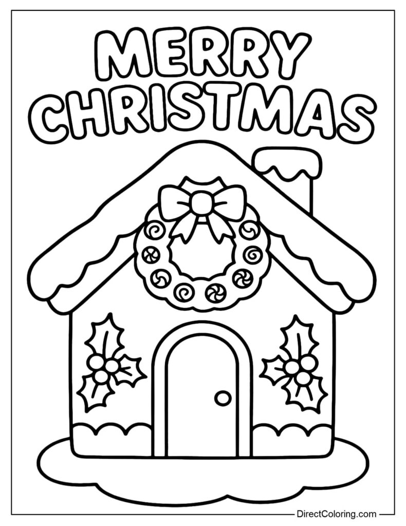 Merry Christmas gingerbread house coloring page with wreath
