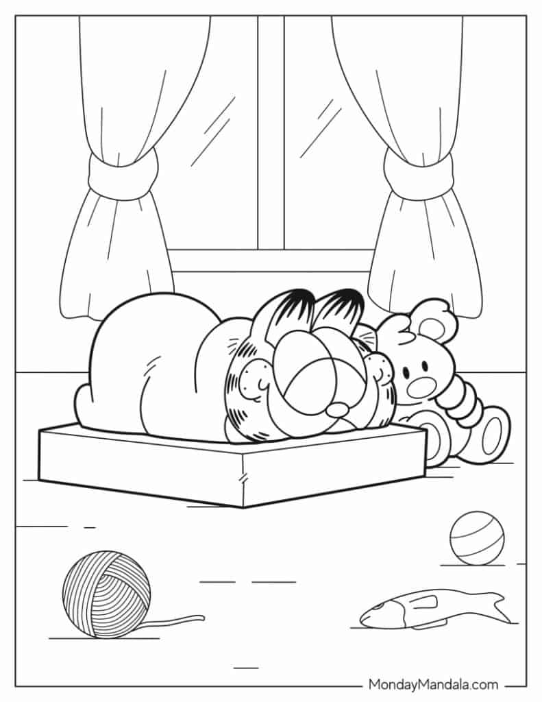 Garfield sleeping in a box beside a teddy bear