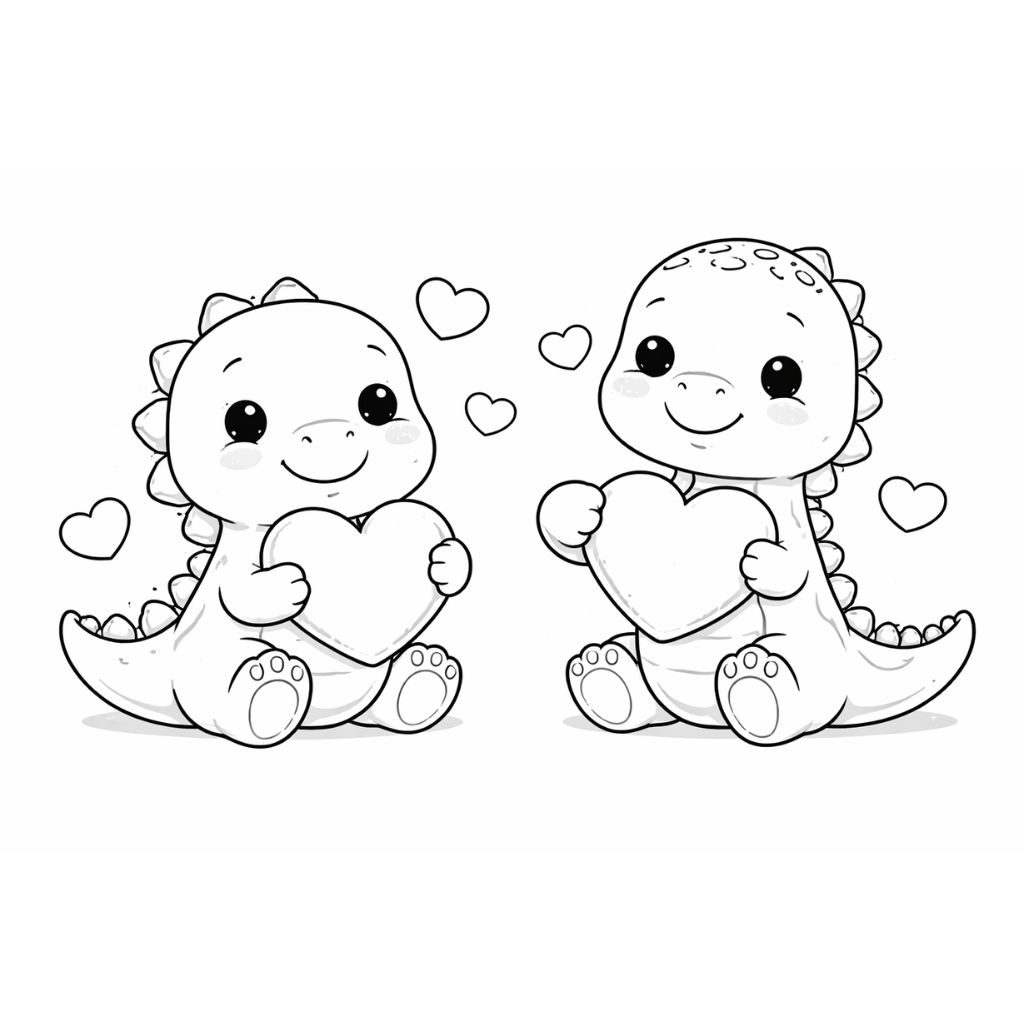 Two cute cartoon dinosaurs holding hearts with floating hearts