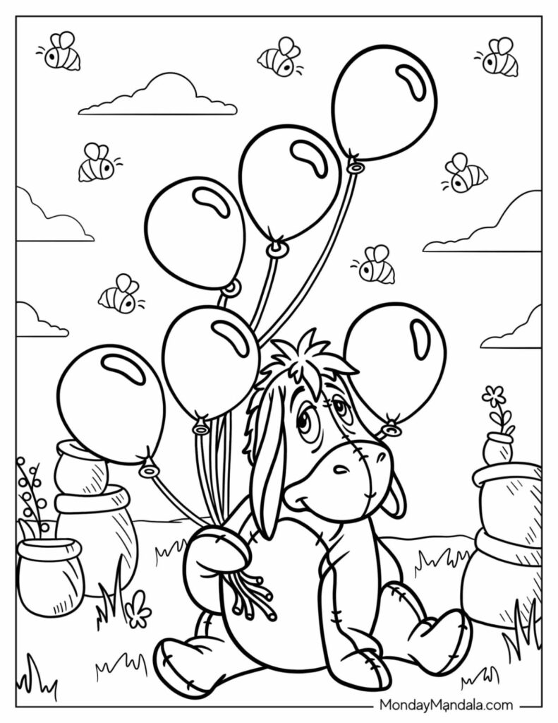 Cartoon donkey holding balloons, surrounded by bees and clouds