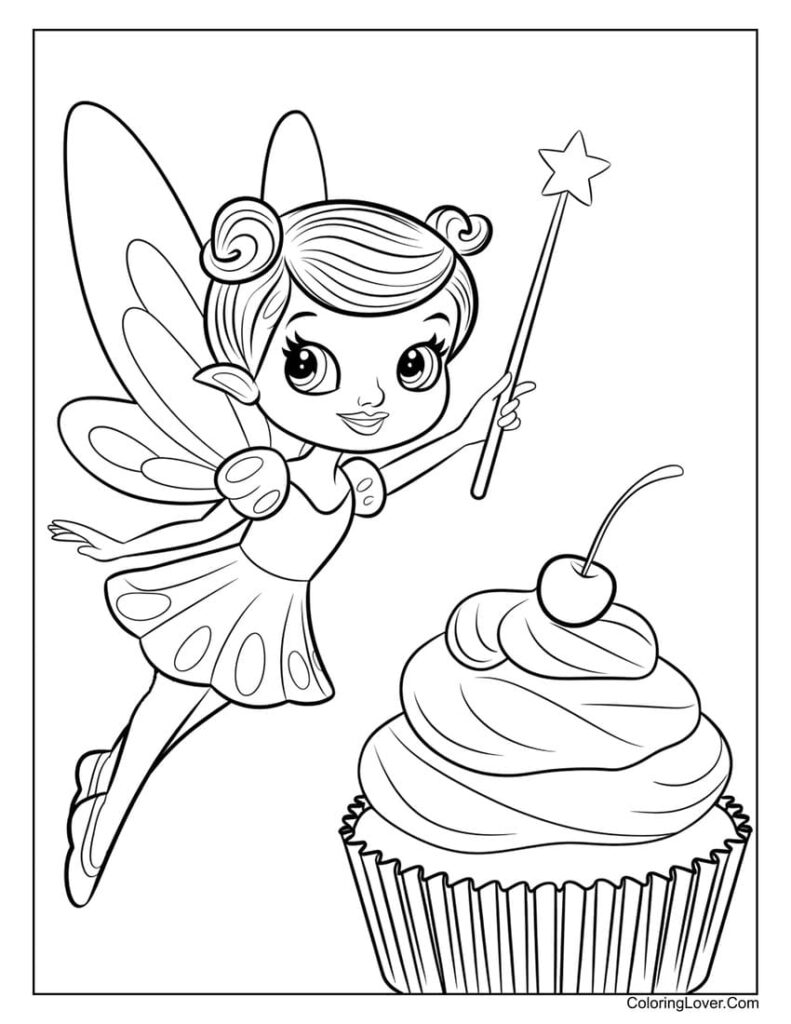 Cartoon fairy with wand beside cupcake illustration