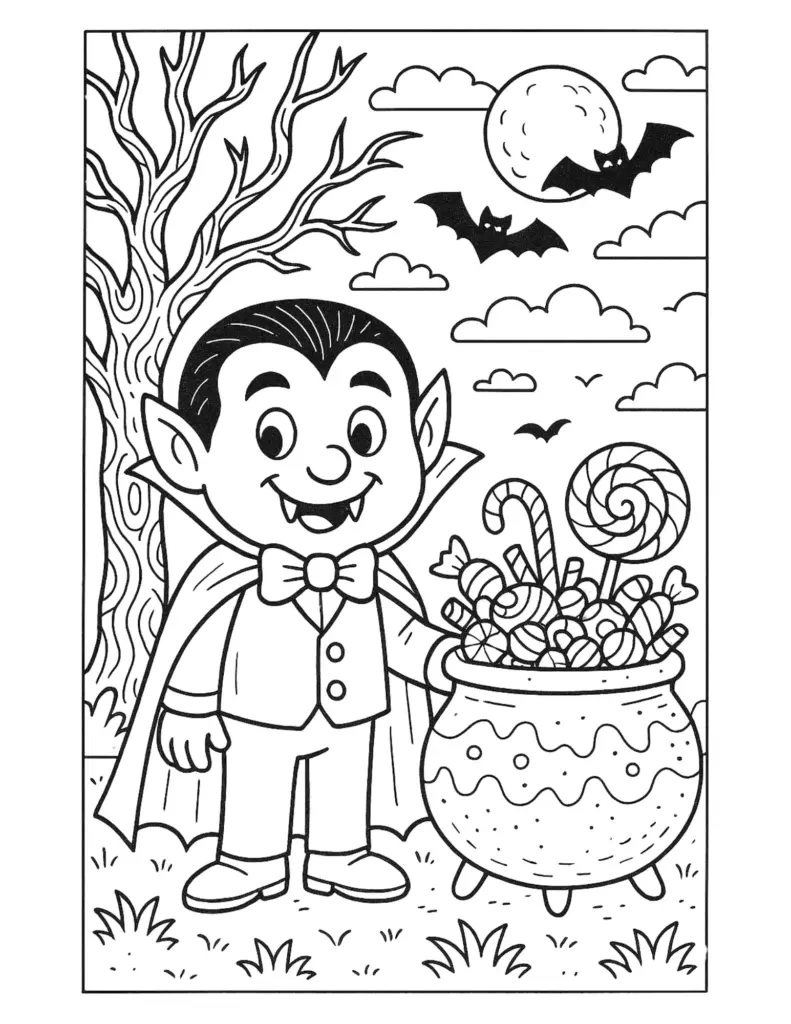 Halloween vampire child with candy cauldron and bats